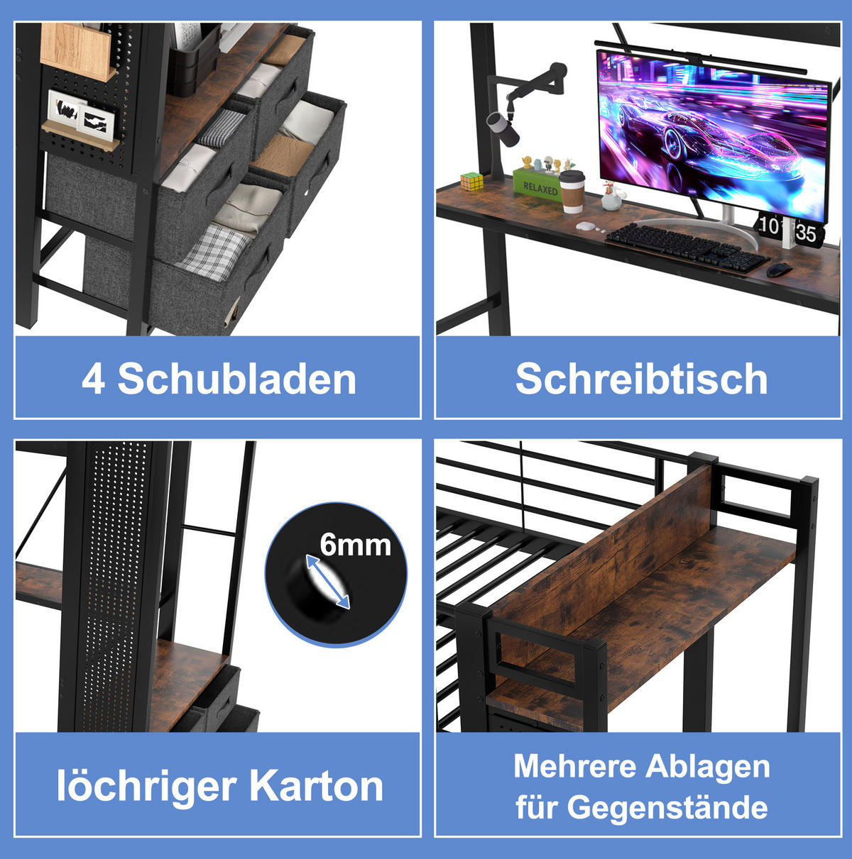 HOCHBETT 90/200 cm aus Metall und MDF mit Schreibtisch, LED-Leiste und 4 Schubladen Schwarz - Schwarz, Metall (90/200cm) - Modenvie