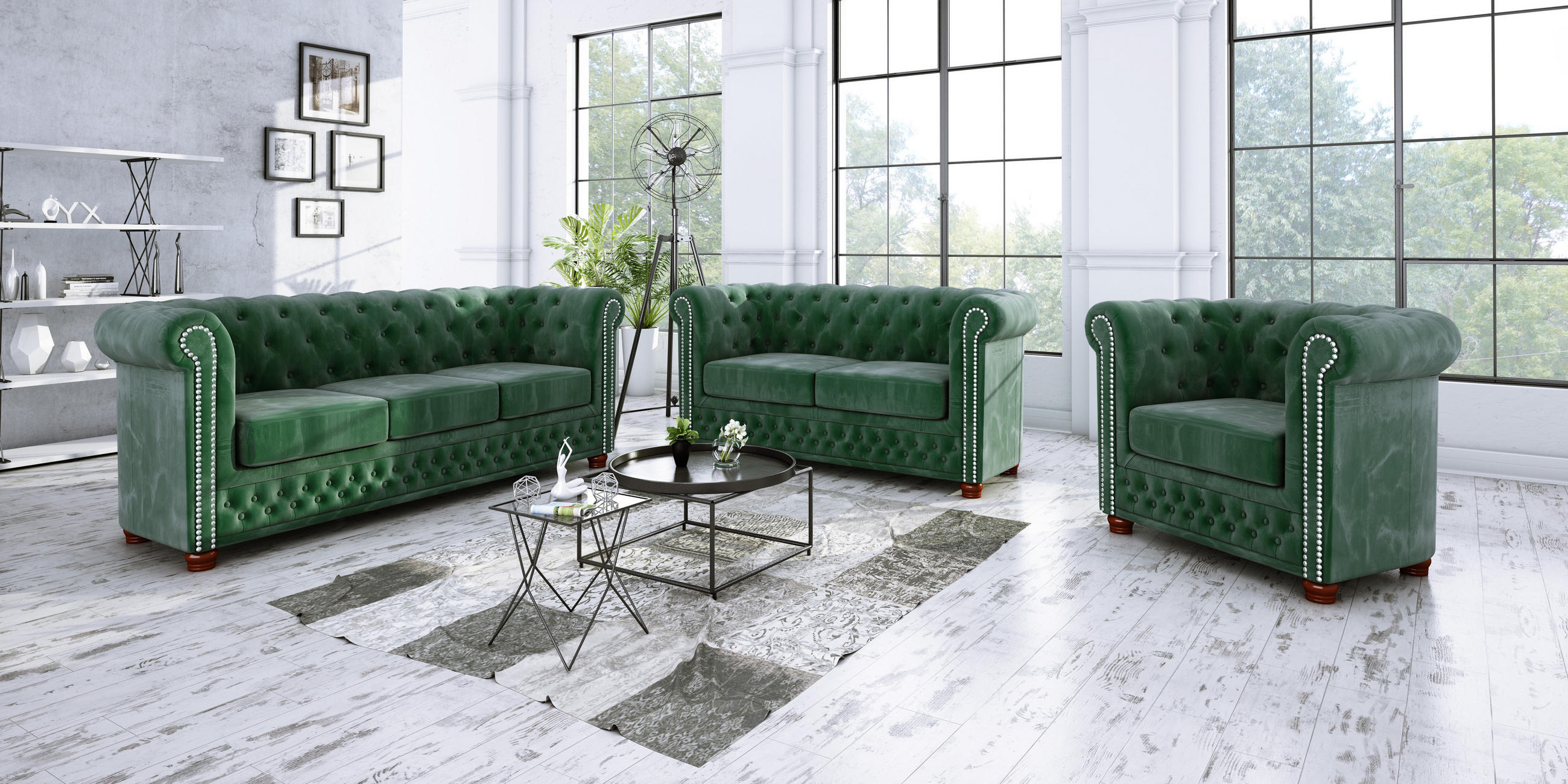 SITZGARNITUR 3+2+1 Chesterfield Lauren Flasche grün Samt - Smaragdgrün/Braun, Holz/Textil (203/72/86cm) - S-Style Möbel