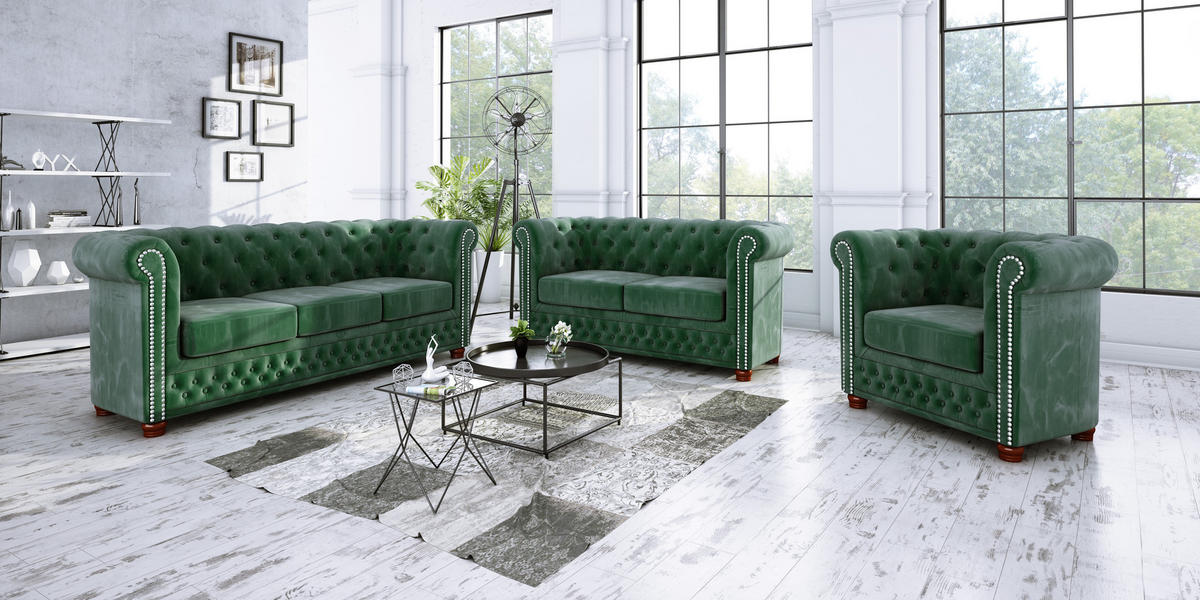 CHESTERFIELD-SOFA 3-sitzer Lauren Flasche grün Samt - Smaragdgrün/Braun, Holz/Textil (203/72/86cm) - S-Style Möbel