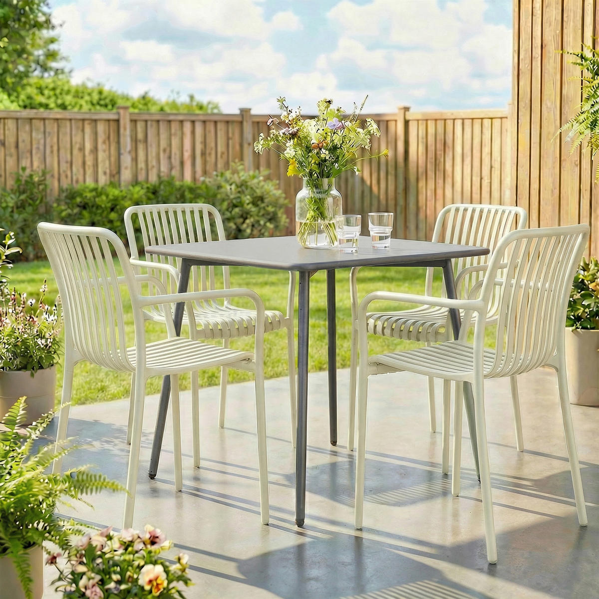 GARTENSTÜHLE 4er Set Stapelbare Terrassenstühle mit Lamelldesign Armlehnen, Ergonomisch Cremeweiß - Creme, Kunststoff (58.5/81.5/55cm)