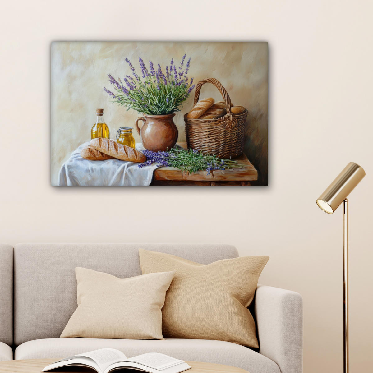 LEINWANDBILD Lavendel - Brot - Stilleben Wanddeko 90x60 cm - Flieder, Textil (90/60cm) - MuchoWow