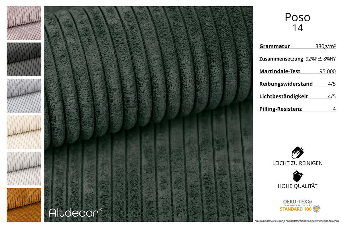 ECKSOFA mit Schlaffunktion und Bettkasten ONESK-L 208x165x40 Grün Cord - Grün, Holzwerkstoff/Kunststoff (208/165cm) - ALTDECOR