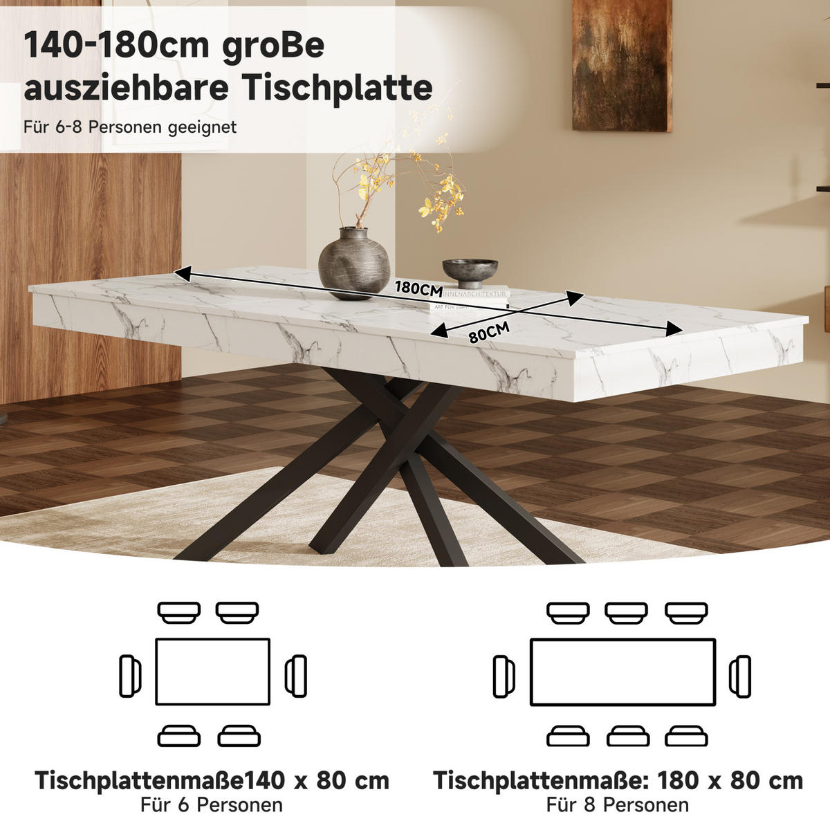 ESSTISCH 140/180/80 cm in Weiß, aus MDF, ausziehbar für 6–8 Personen - Weiß, Holzwerkstoff (180/80/76cm) - Flora Grace