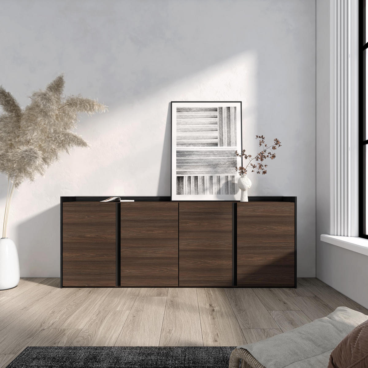 SIDEBOARD, Dunkler Eiche und Schwarz, 207/35/80cm - Dunkelbraun, Holzwerkstoff (207/80/35cm) - Skraut Home