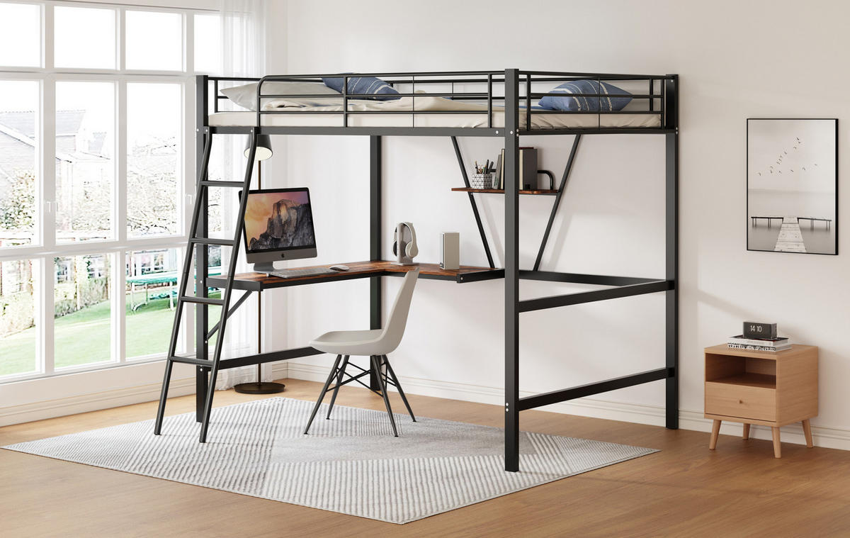 HOCHBETT aus Metall 90x200 cm Schwarz mit L-förmigem Schreibtisch und Regal, platzsparend - Schwarz, Metall (135/190cm) - Modfu