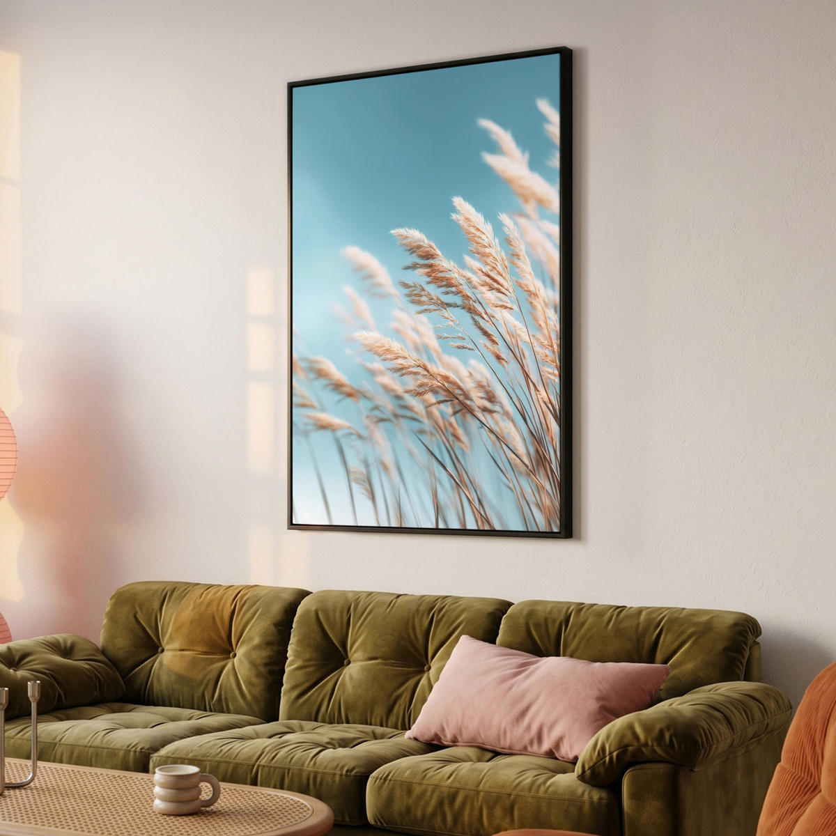 LEINWAND Bilder mit Rahmen - Ziergras - Wind - Hellbraun - 80x120 - Hellblau, Textil (80/120cm) - MuchoWow