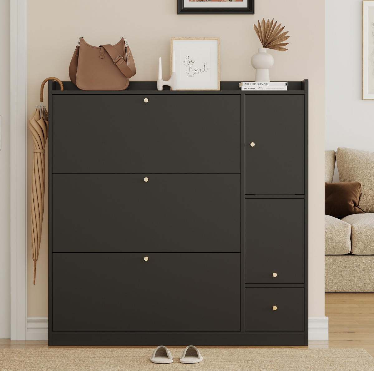 SCHUHSCHRANK aus Spanplatte 119x24x122cm in Schwarz mit Sitzbank - Schwarz, Holzwerkstoff (119/122/24cm) - Modfu