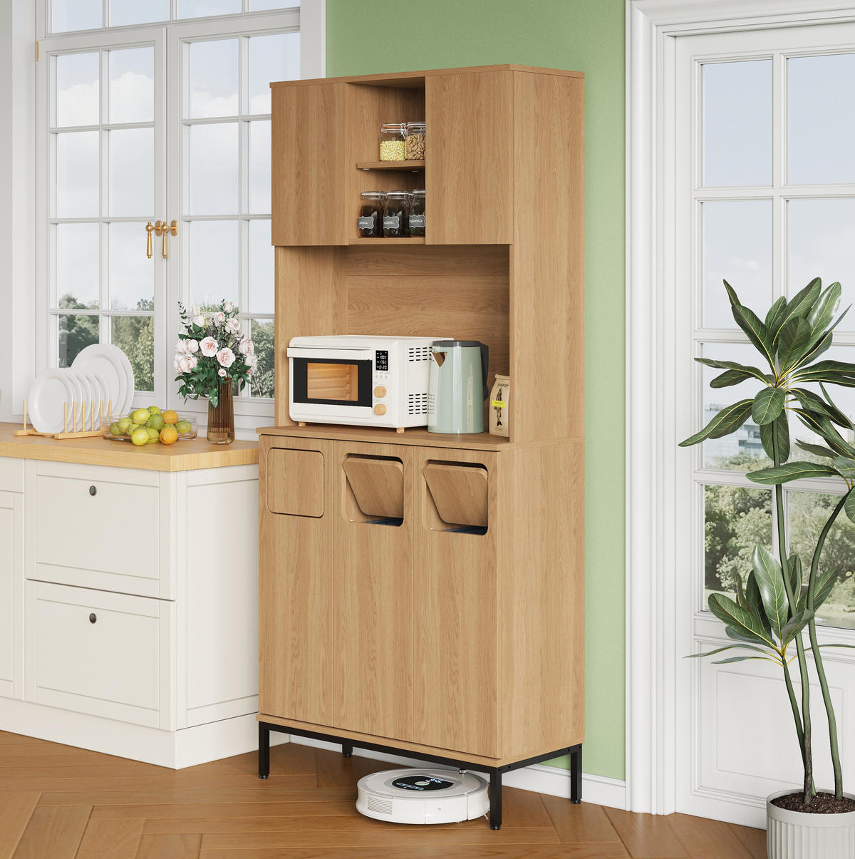 BUFFET aus MDF 35x80x181 cm Natur mit 3 Fächern, Mikrowellenablage und Stauraum - Naturfarben, Holzwerkstoff (80/181/35cm) - Modfu