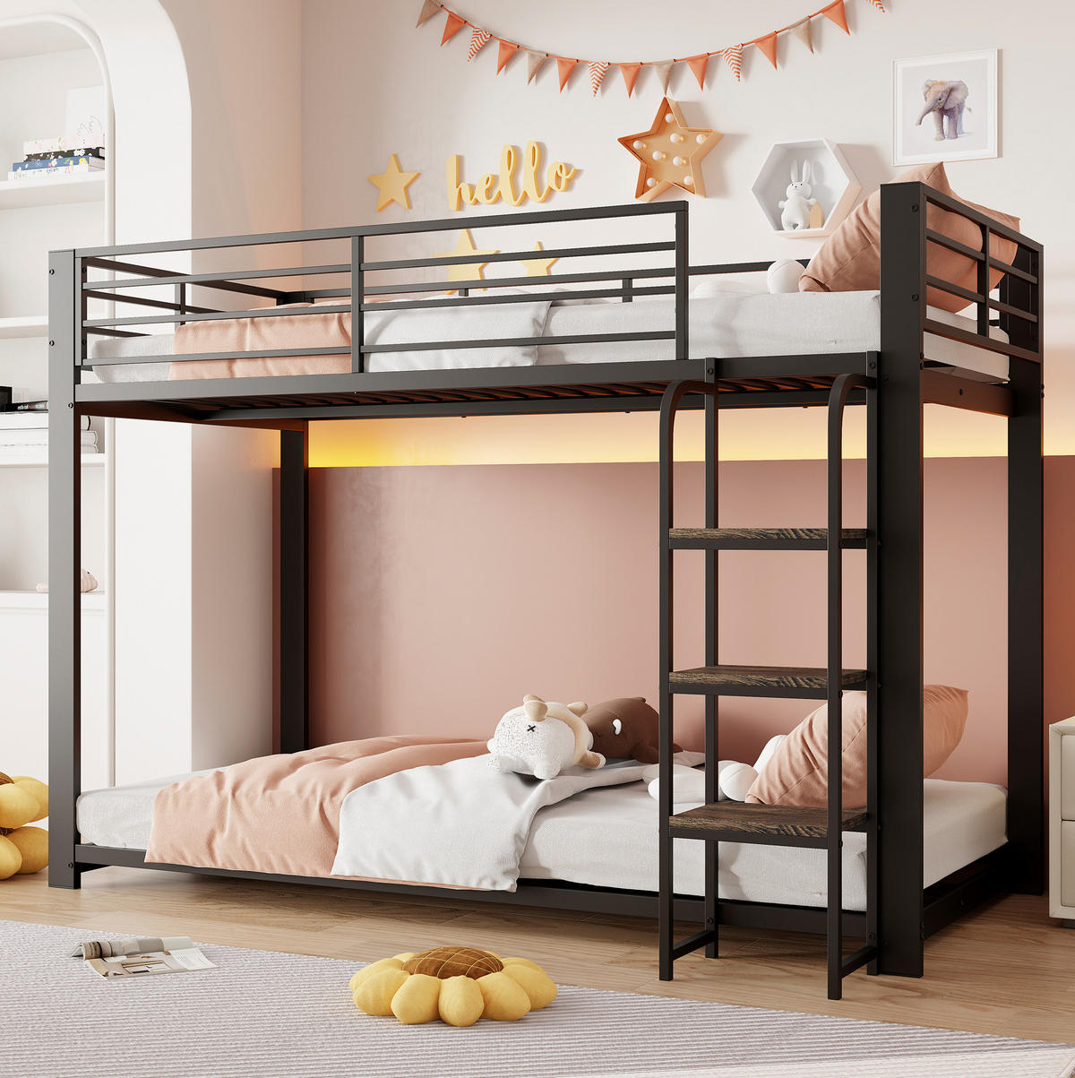 ETAGENBETT aus Metall und MDF 90x200 cm Schwarz mit breiten Holzstufen und Schutzgitter - Schwarz, Holzwerkstoff (90/200cm) - IVMEU
