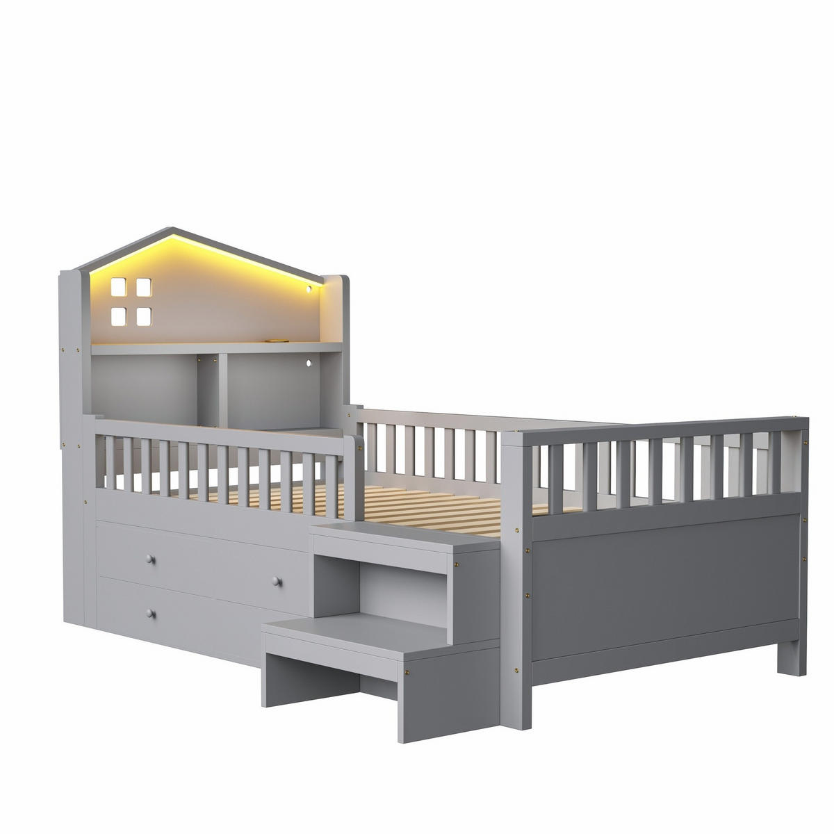 KINDERBETT 90/200 cm mit LED, USB- und USB-C-Anschluss, 4 Schubladen, Treppe und Lattenrost, Grau - Grau, Holzwerkstoff (90/200cm) - Redom