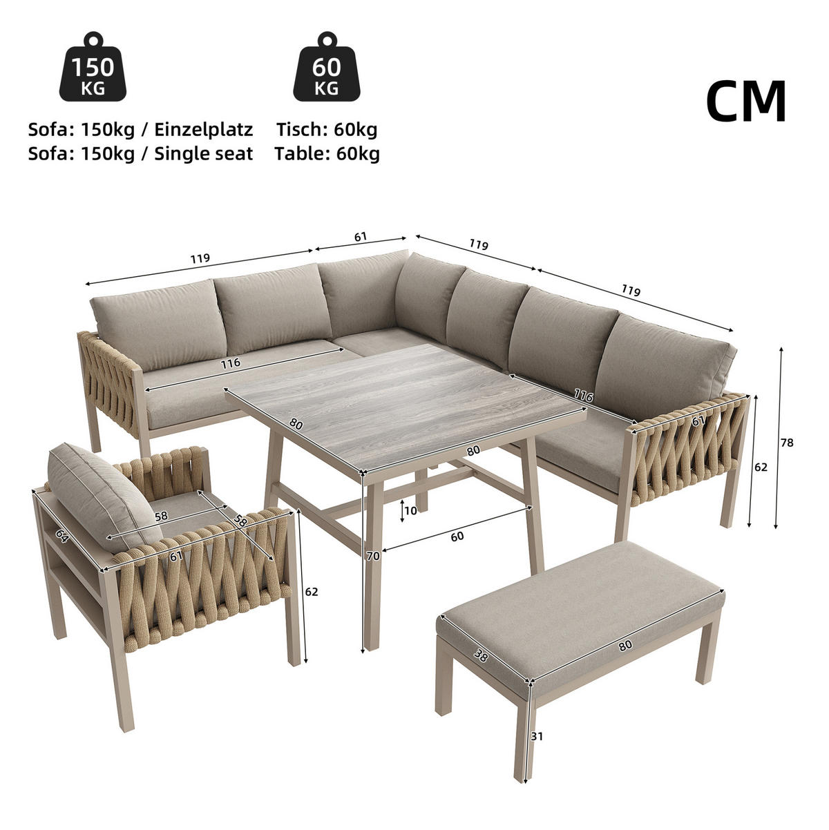 GARTENMÖBEL 238x61x78cm beige aus Eisen und mit Kissen - Beige, Metall - Modfu