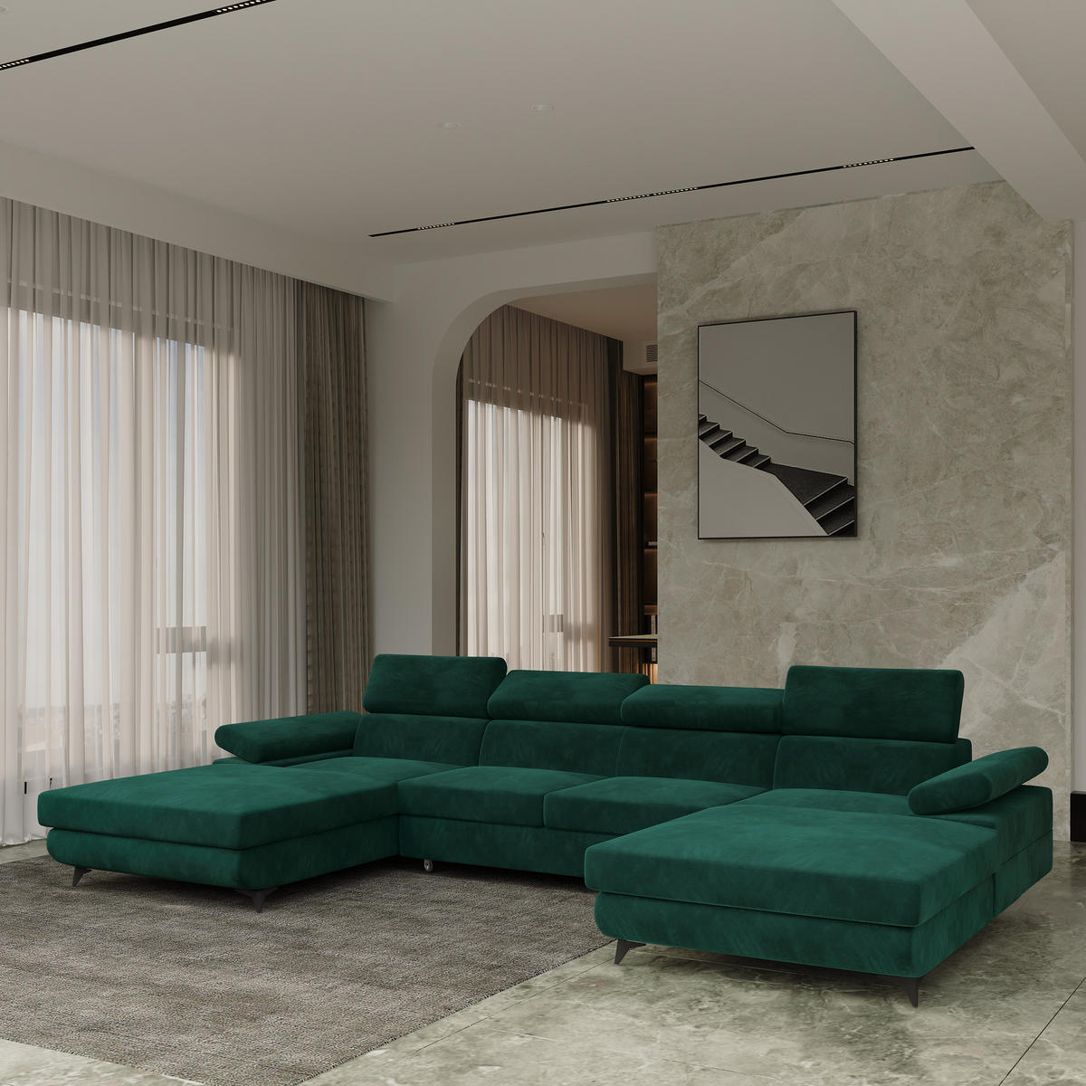 WOHNLANDSCHAFT DETTI Grün Velours-Stoff mit Schlaffunktion - Grün, Holz (339/89/190cm) - MASSENO