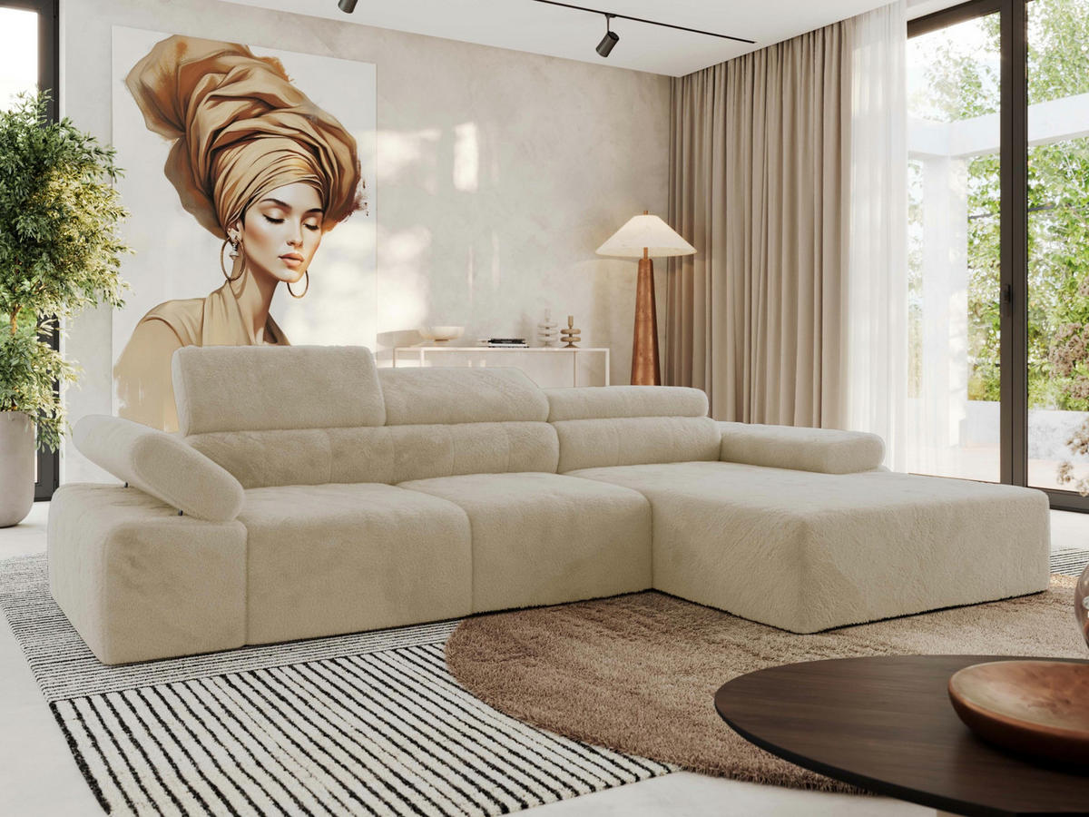 ECKSOFA RILASSO L Creme Plüsch - rechts - Creme/Schwarz, Kunststoff/Textil (174/296cm) - MKS