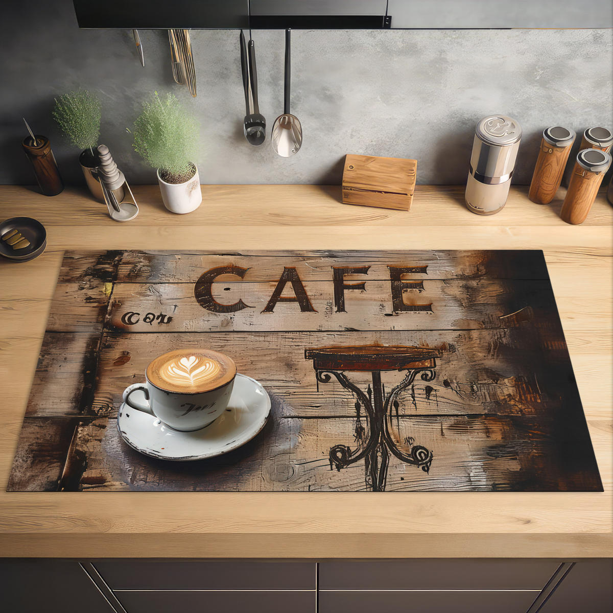 HERDABDECKPLATTE Cafe - Holz - Kaffee - Regale Induktionsschutz 91.2x52 cm - Schwarz, Kunststoff (91.2/52/0.2cm) - MuchoWow