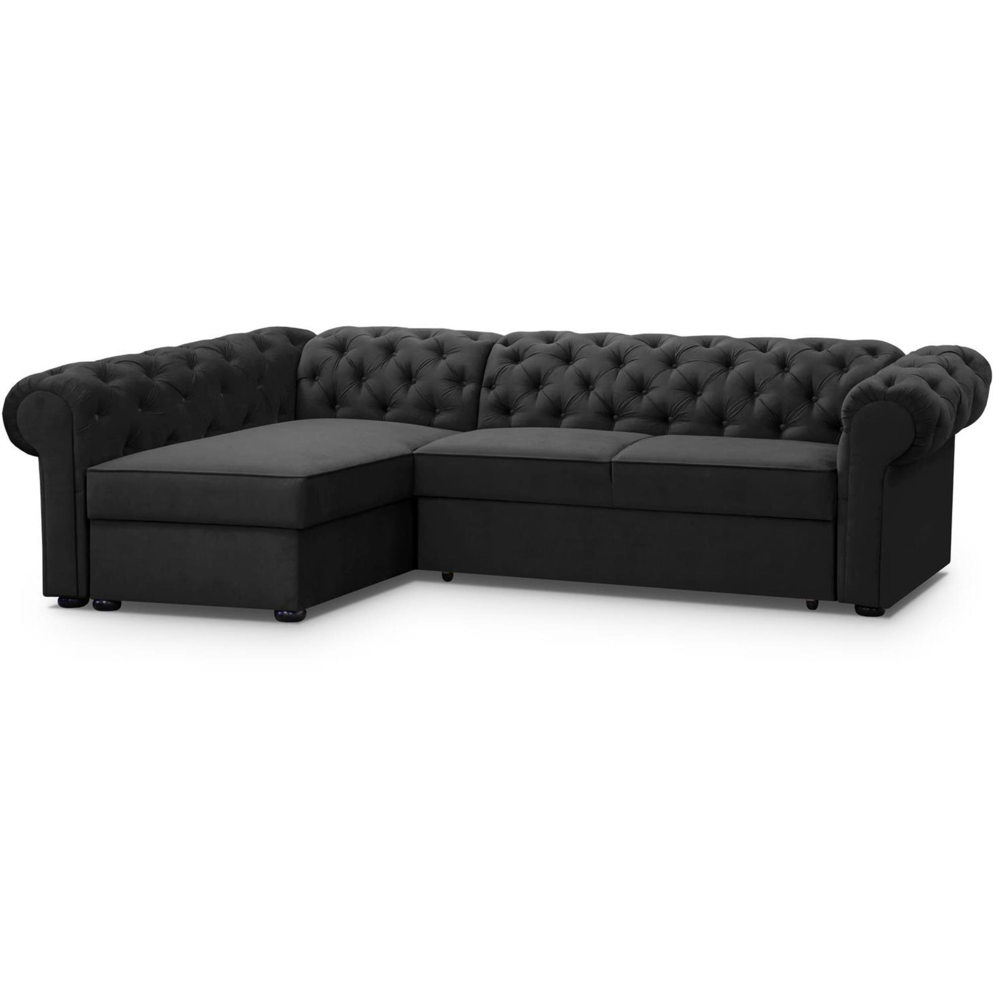 ECKSCHLAFSOFA Chester im Chesterfield-Stil, Schwarz, links - Schwarz, Textil (278/173cm) - Beautysofa