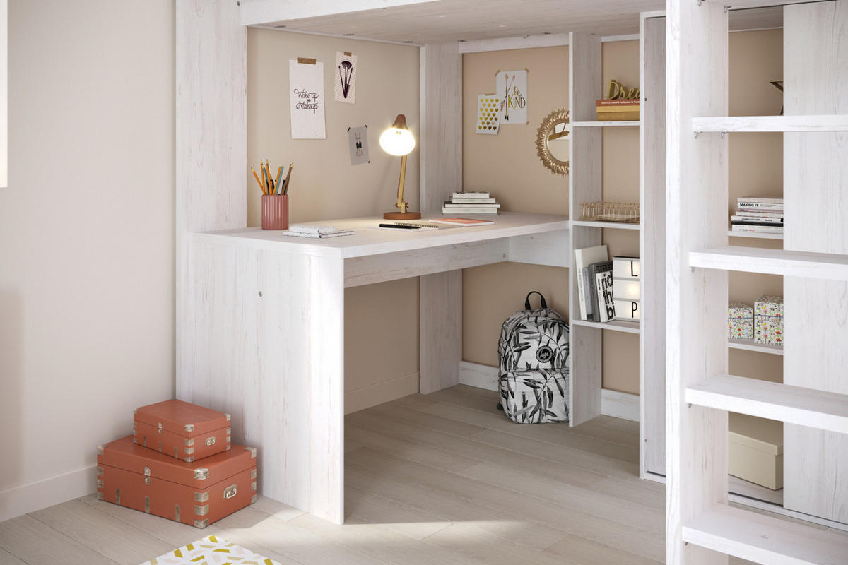 HOCHBETT mit Kleiderschrank und Schreibtisch Bett 90 x 200 cm - Weiß/Kieferfarben, Holzwerkstoff/Kunststoff (90/200cm) - Parisot Meuble