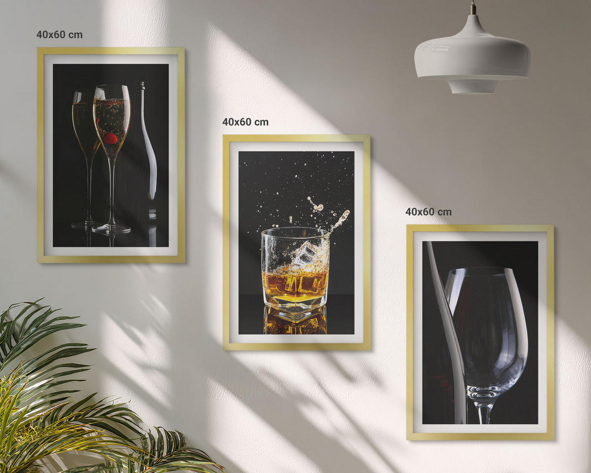 WANDBILDER 3er Set - 40x60 cm Goldrahmen - Weingläser und Whiskygläser auf schwarzem Hintergrund - Goldfarben, Kunststoff (40/60cm) - ArtPrintCave