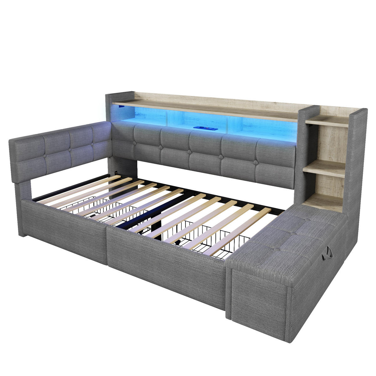 SCHLAFSOFA 90/190 cm in Dunkelgrau Samt mit 2 Schubladen, LED, USB und Type-C - Dunkelgrau, Holzwerkstoff/Textil (90/190cm) - WISHDOR