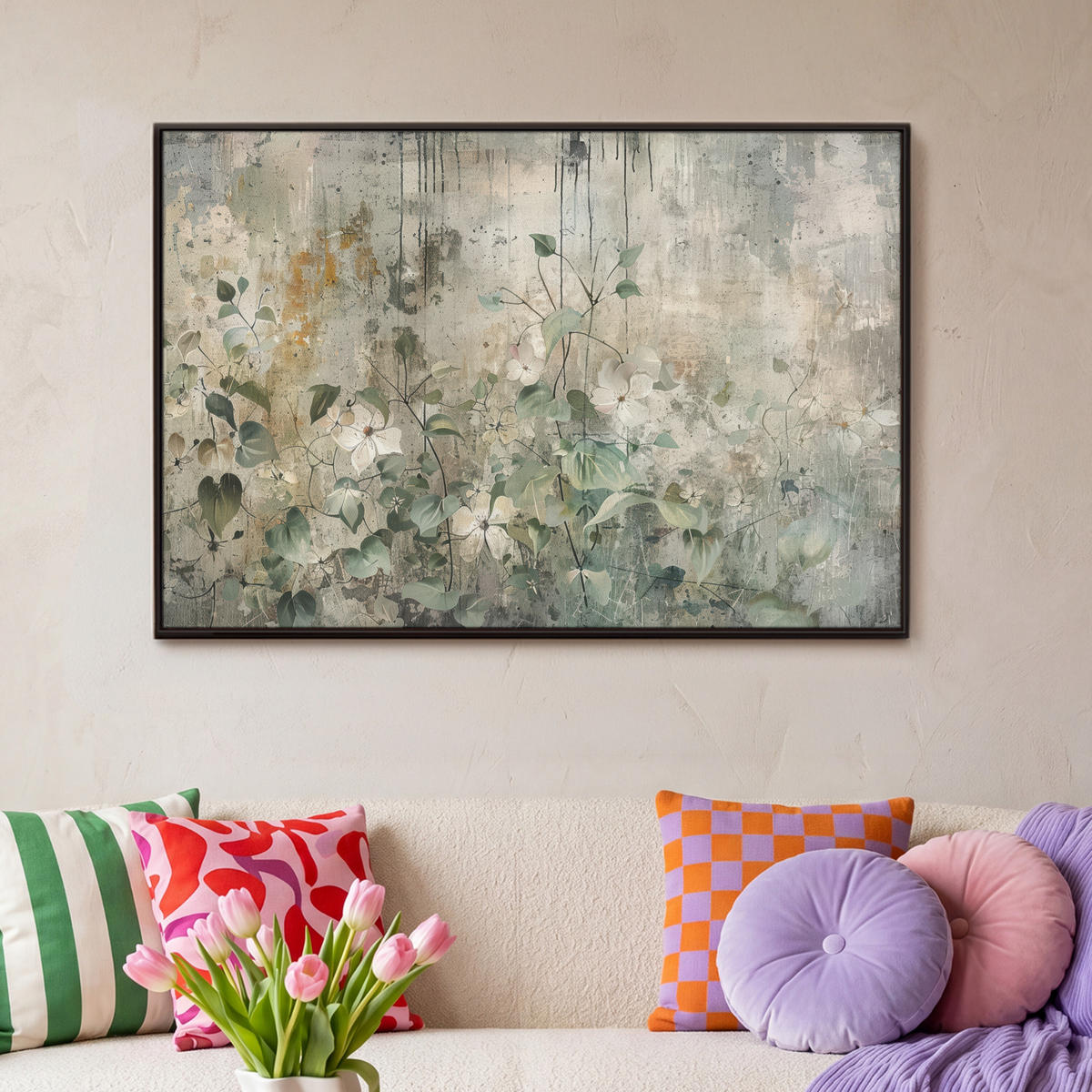LEINWAND Bilder mit Rahmen - Blumen - Blätter - Abstrakt - Modern - 90x60 - Grau, Textil (90/60cm) - MuchoWow