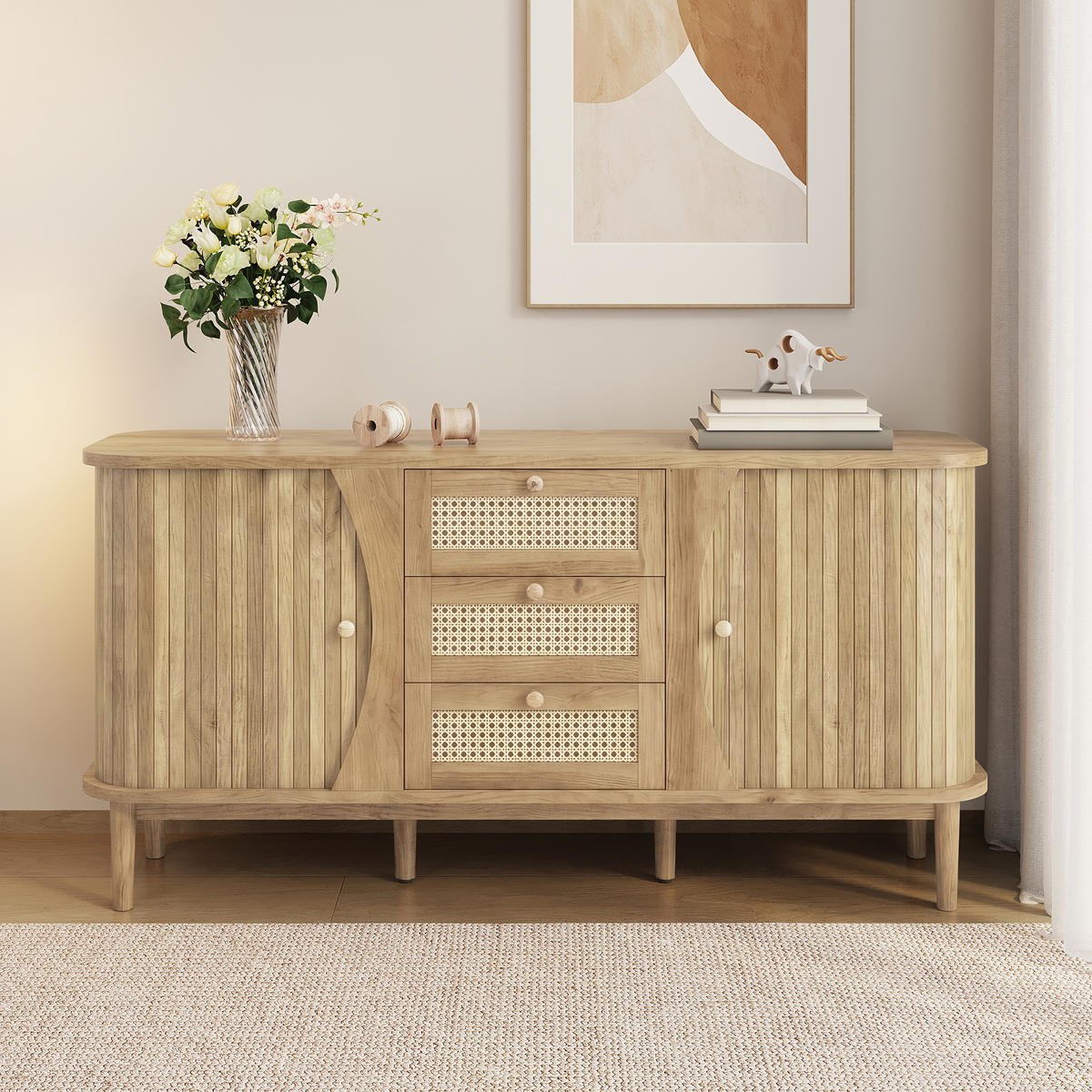 SIDEBOARD Rattan Schiebetüren verstellbare Böden modern - Naturfarben, Holzwerkstoff (40/76/140.5cm) - FLIEKS