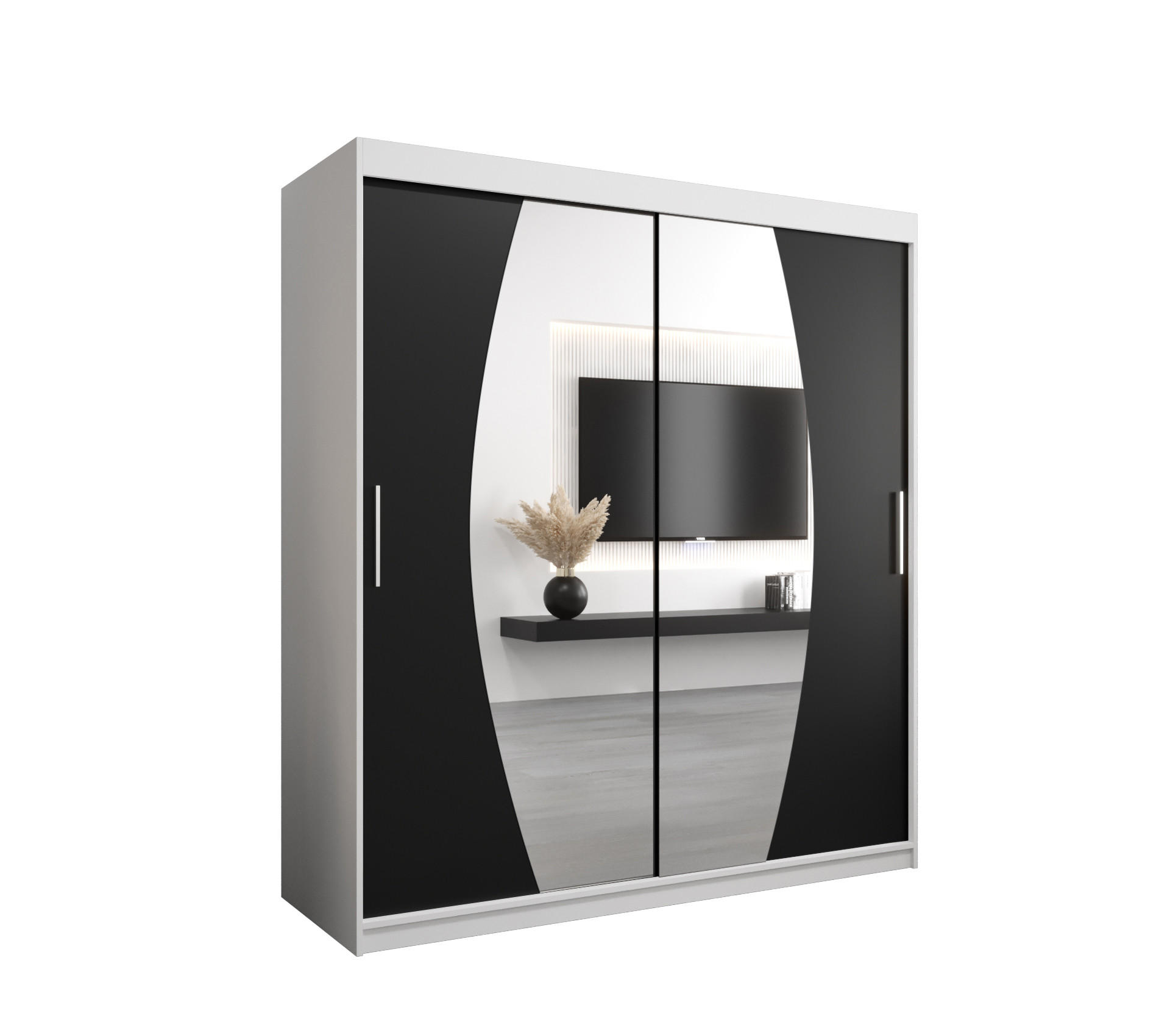 Abiks Möbel Schwebetürenschrank Weiß, Schwarz 180x200x62 cm