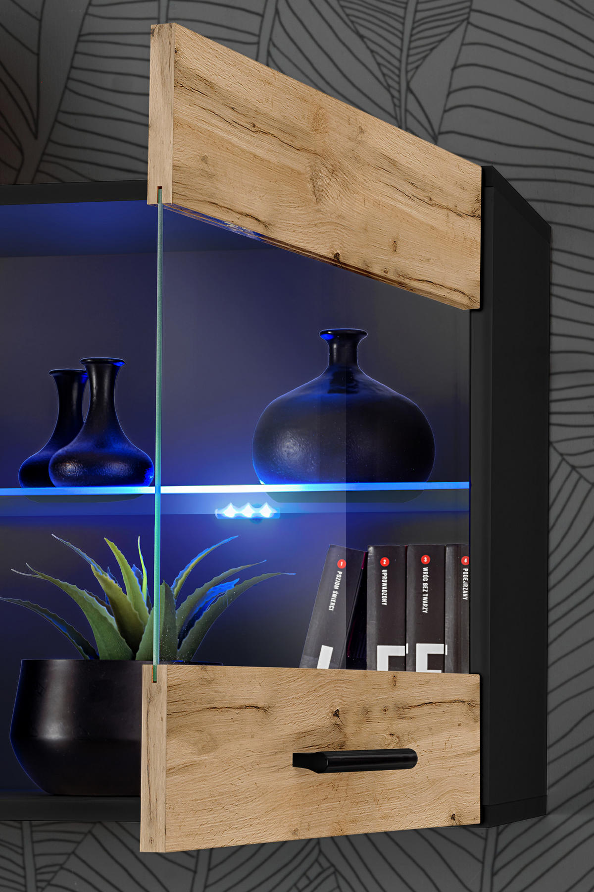 WOHNZIMMERSET Foggia, 6er-Set, Schwarz, Front Eiche Wotan, LED Mehrfarbige - Eiche Wotan/Schwarz, Glas/Holzwerkstoff (230/190/45cm) - Komodee