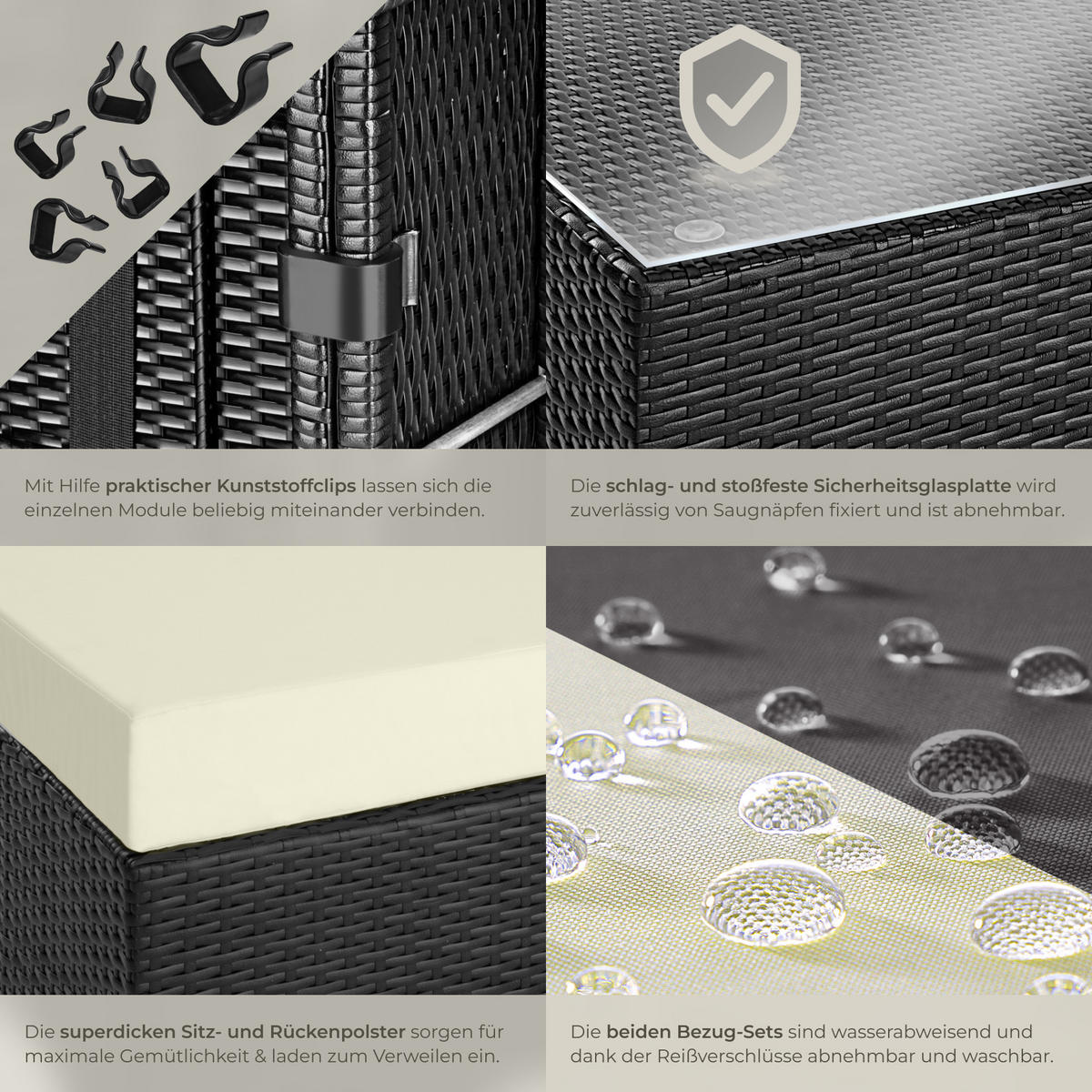 RATTANLOUNGE , mit Sicherheitsglasplatte, schwarz - Schwarz, Kunststoff - tectake