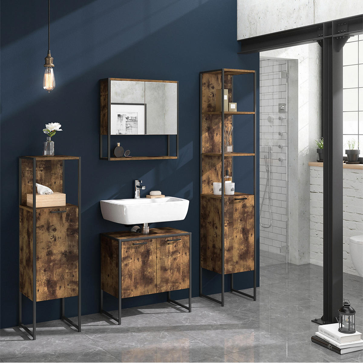 BADMÖBEL-SET Fyrk Antikholz 4 Teile - Eichefarben/Schwarz, Holzwerkstoff (60/60/33cm) - Vicco