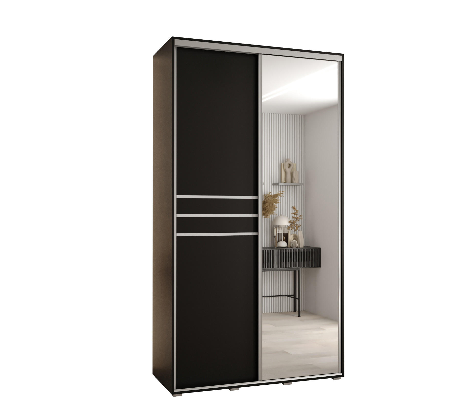 Abiks Möbel SCHWEBETÜRENSCHRANK Schwarz, Schwarz, Silber 130cm × 60cm × 235cm