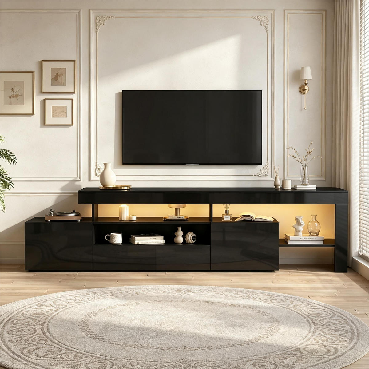 TV-SCHRANK 192/37/53 cm Schwarz mit LED und 3 schränke - Schwarz, Holzwerkstoff (192/53/37cm) - Oxeza