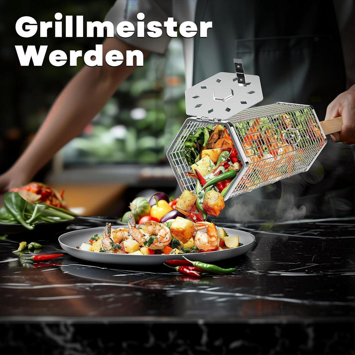 GRILLKORB 2-teiliges Set Edelstahl mit Holzgriff - Multicolor, Metall (15/10/25cm)