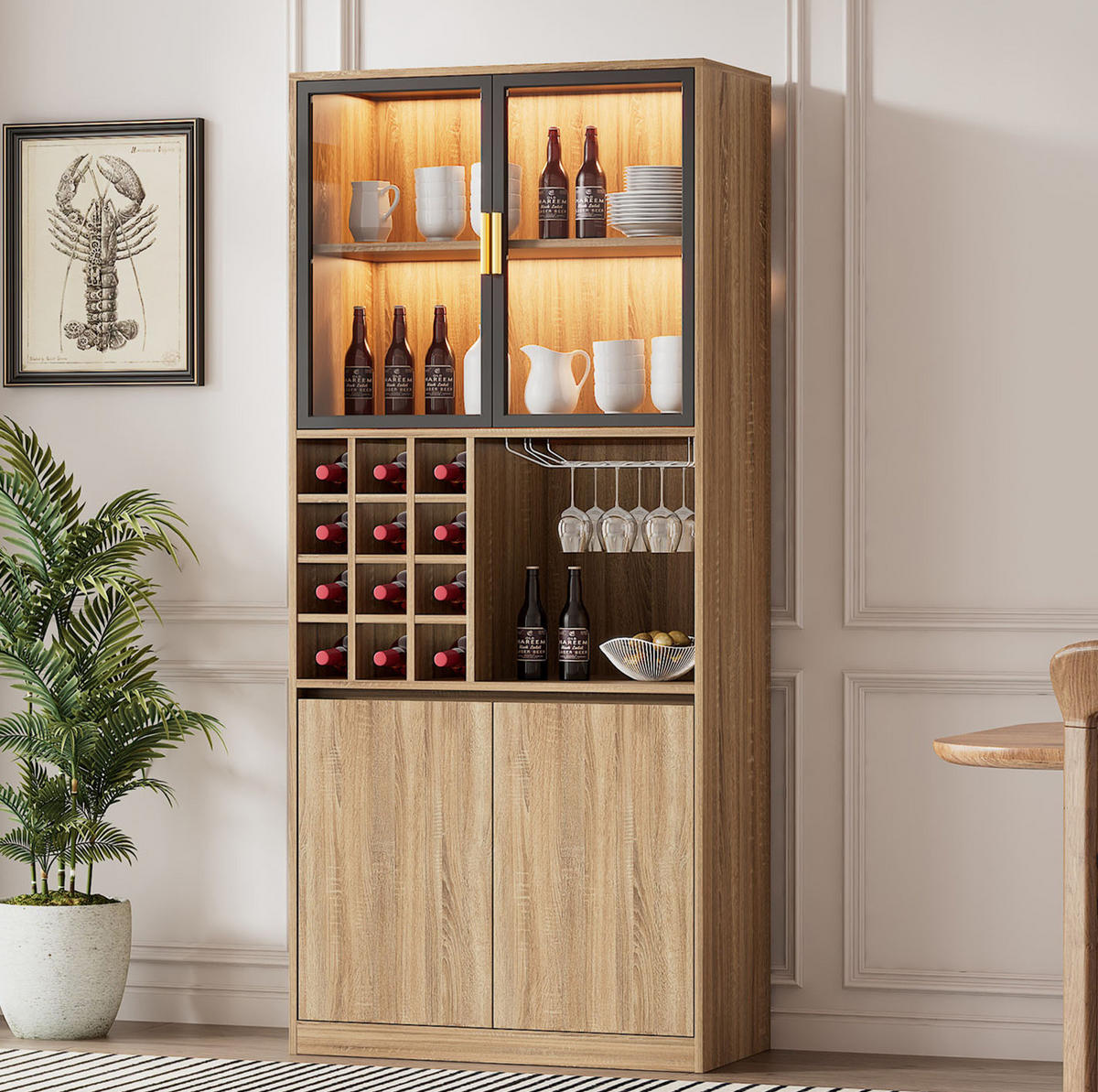 VITRINE Organizer 80x40x180 cm Naturfarben mit Glastüren & LED-Lichtleiste - Naturfarben, Holzwerkstoff (80/180/40cm) - Modfu