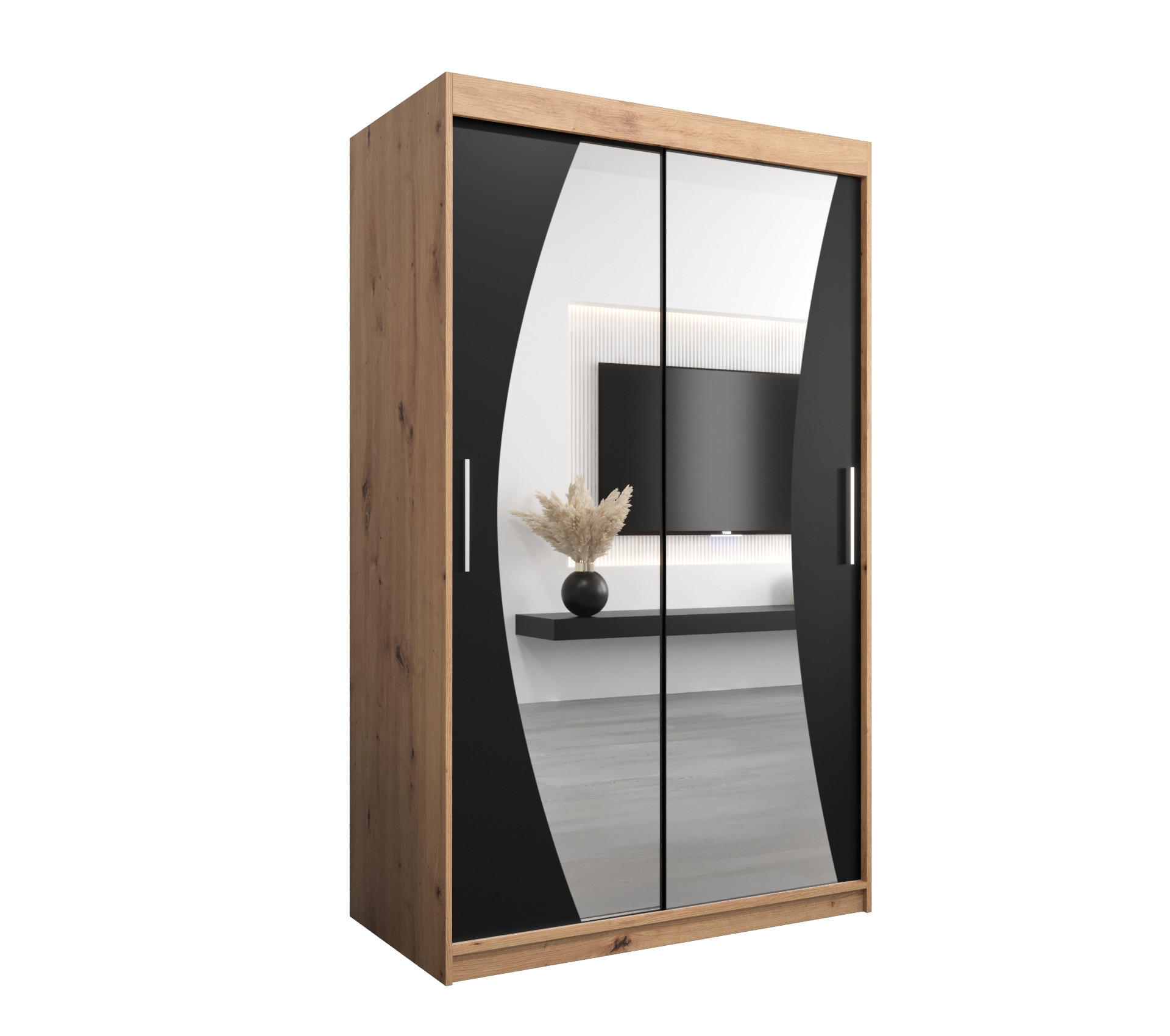 Abiks Möbel Schwebetürenschrank Eiche Artisan, Schwarz 120x200x62 cm