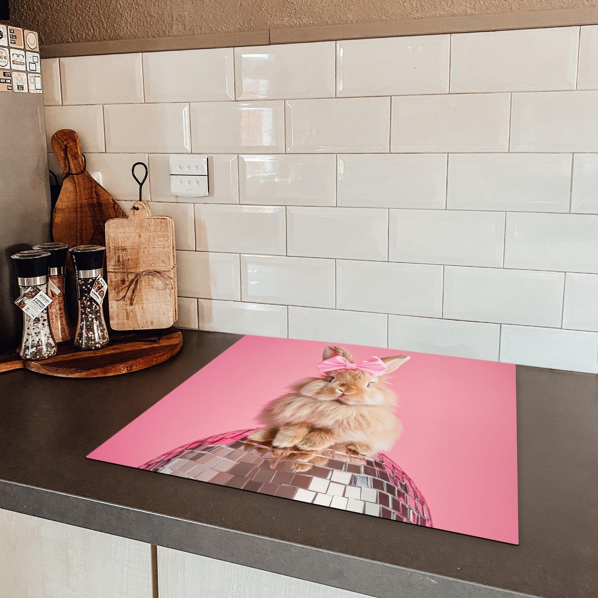 HERDABDECKPLATTE Schleife - Discoball - Kaninchen Abdeckung Ceranfeld 59x51 cm - Pink, Kunststoff (59/51/0.2cm) - MuchoWow