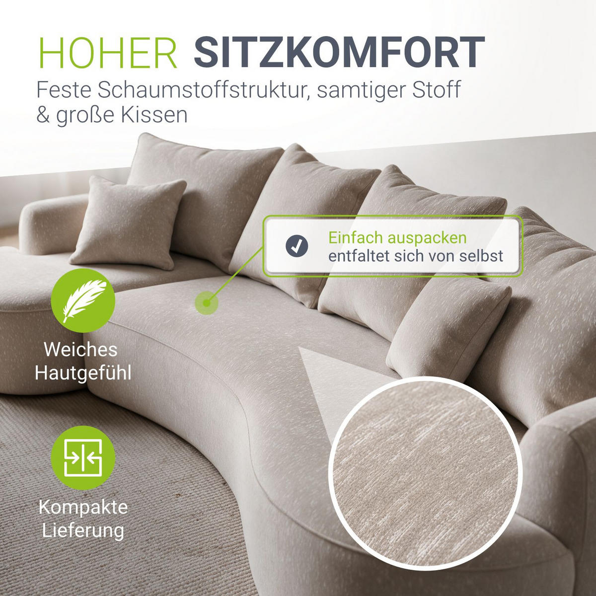 SOFA Tirano Samt Beige mit Ottomane links - Beige, Textil (102/300cm) - Juskys