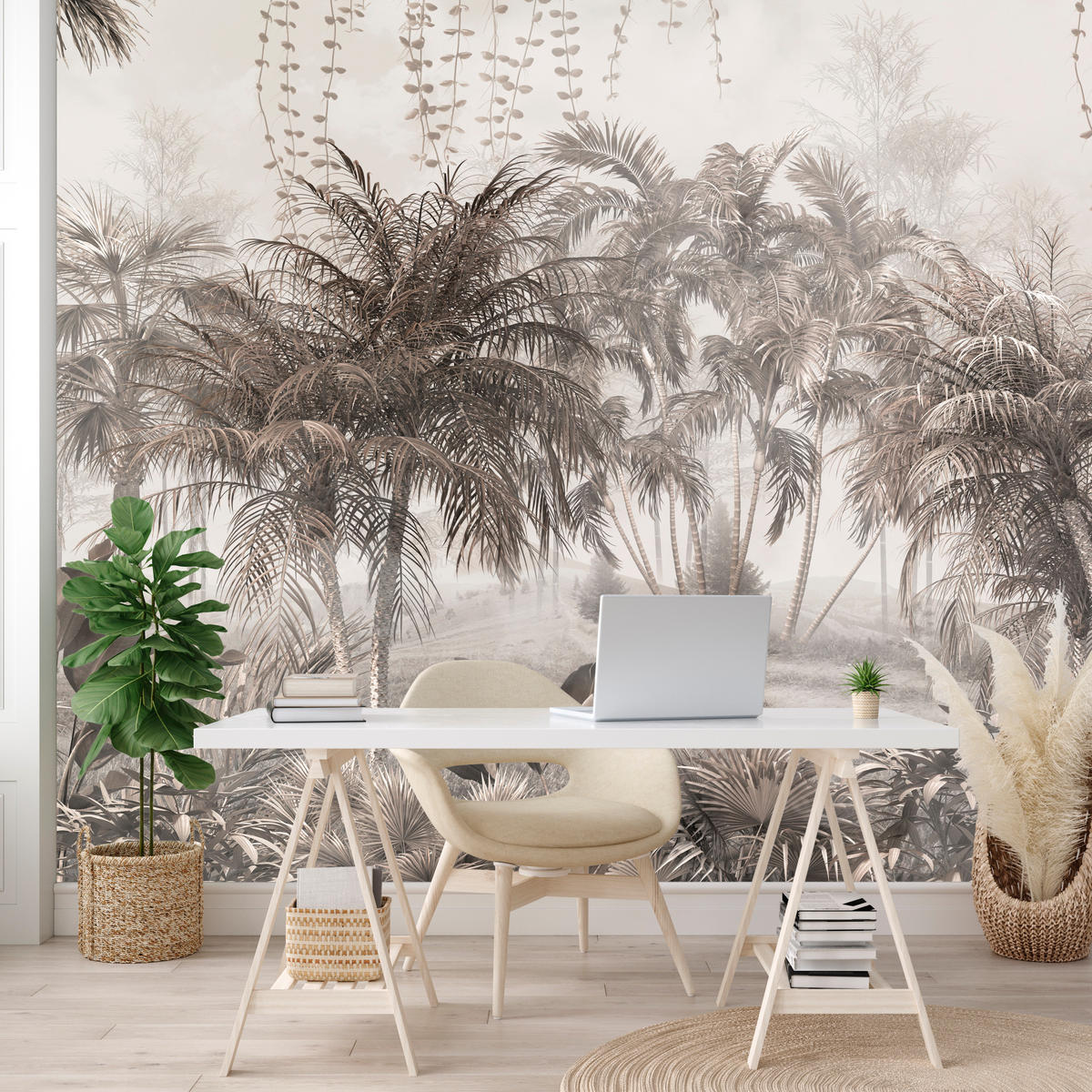 FOTOTAPETE für Büro Vintage Tropisch Dschungel Palmen Blätter 250x175 - Beige/Braun, Papier (250/175cm) - Muralo