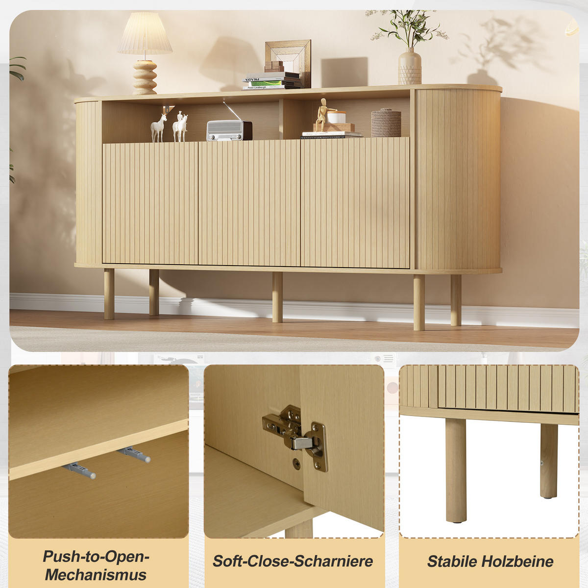 SIDEBOARD 160x40x78.5cm Naturholz mit 3 Wellentüren - Naturfarben, Holzwerkstoff (160/78.5/40cm) - FLIEKS