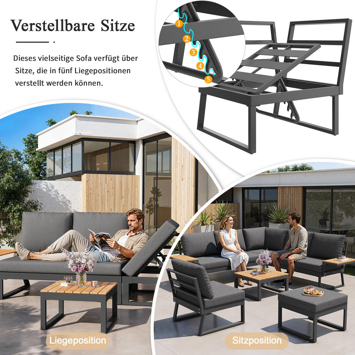 LOUNGESET, 7 Personen, Eisen, Ecksofa, Holztisch, Grau - Grau, Metall - FLIEKS