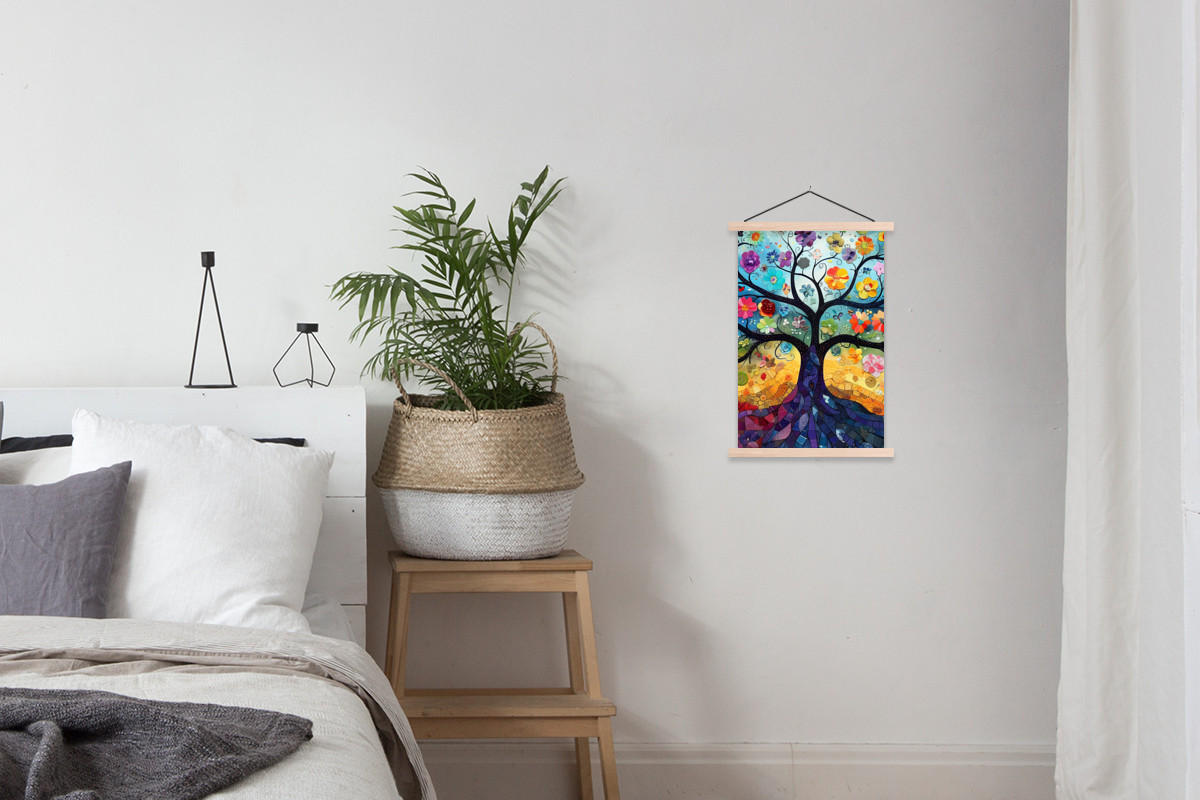 POSTER Kunst - Baum des Lebens - Blumen - Hippie 40x60 cm - Dunkelblau, Textil (40/60/0.15cm) - MuchoWow