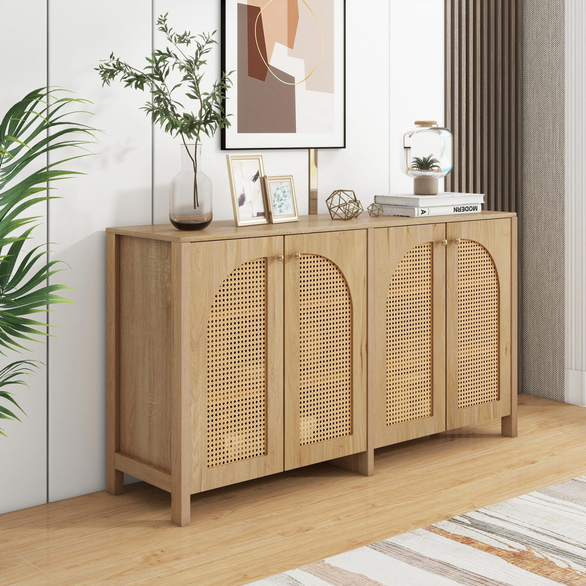 SIDEBOARD 145x40x80 cm, 4 Türen, Rattanoptik, Naturfarben - Kastanienfarben, Holz (145/80/40cm)