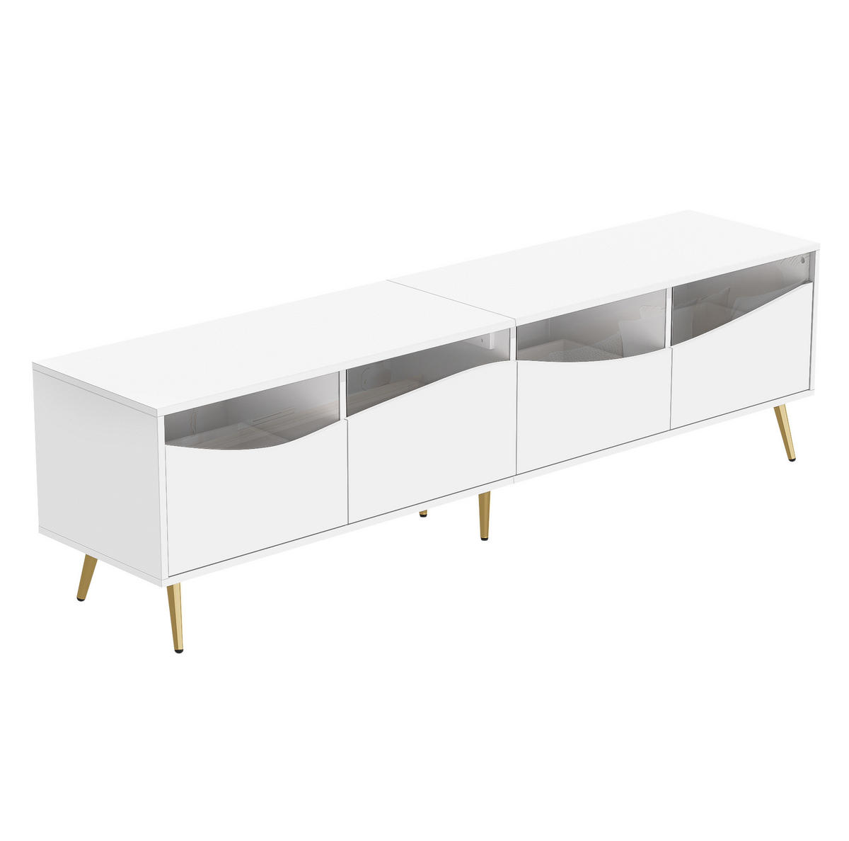 LOWBOARD 180/40/50 cm aus MDF mit LED-Beleuchtung, Glasfront und goldfarbenen Metallfüßen Weiß - Weiß, Holzwerkstoff (180/50/40cm) - Modenvie