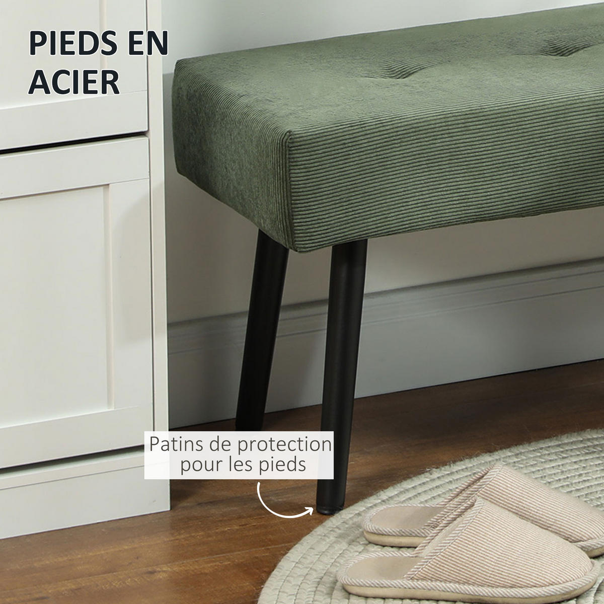 HOCKERBANK DE-12891 mit Rippvelours und Stahlfüße Grün - Grün, Textil (36/45/100cm) - ComfortXL