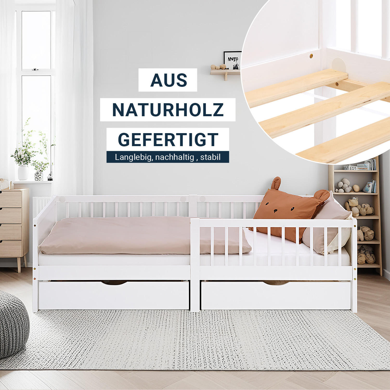 KINDERBETT Weiß 90/200 Matratze 2 Bettkästen Rausfallschutz - Weiß, Holz (90/200cm) - Homestyle4u