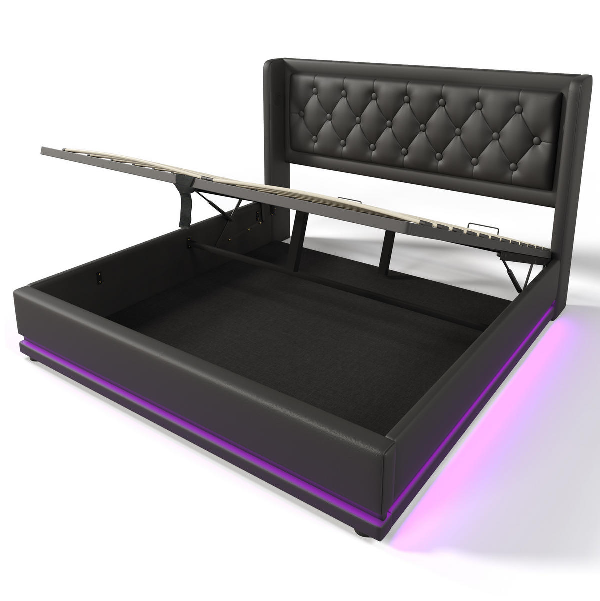 BETT mit Stauraum, LED und USB/Typ-C 140x200 cm PU Schwarz inkl. Matratze - Schwarz, Metall (140/200cm) - Meubliv