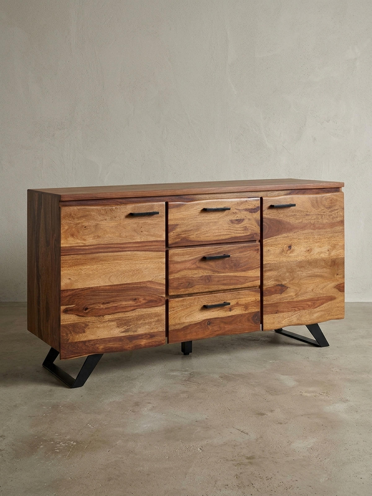SIDEBOARD – Massivholz, 145x82x45 cm, mit Baumkante, Metallgestell - Schwarz/Braun, Holz/Metall (145/82/45cm) - KADIMA DESIGN