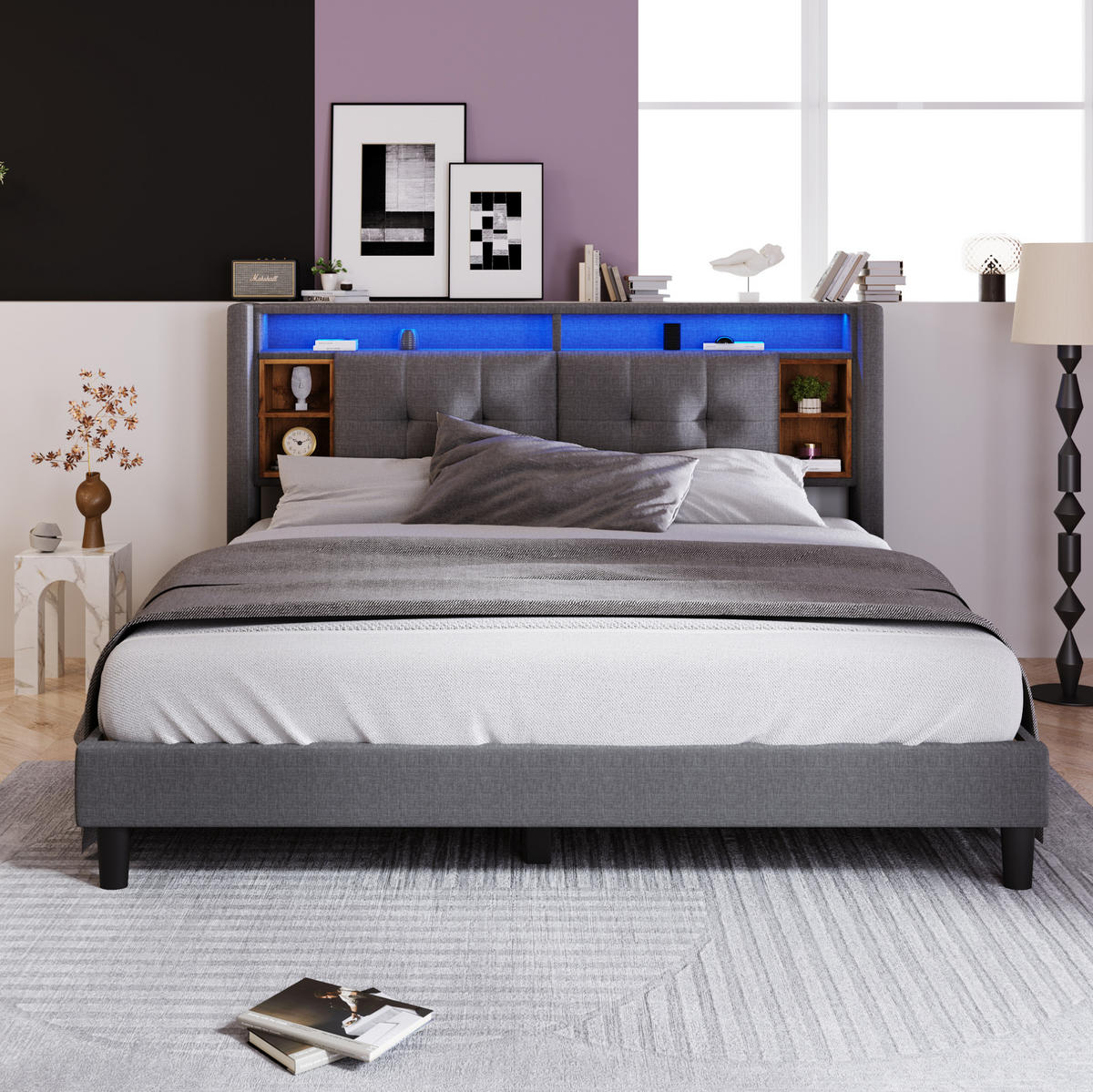 TAPECIRANI krevet 140/200 cm s USB priključcima, LED osvjetljenjem i prostorom za pohranu u uzglavlju, Siva - siva, drvo (140/200cm) - Redom