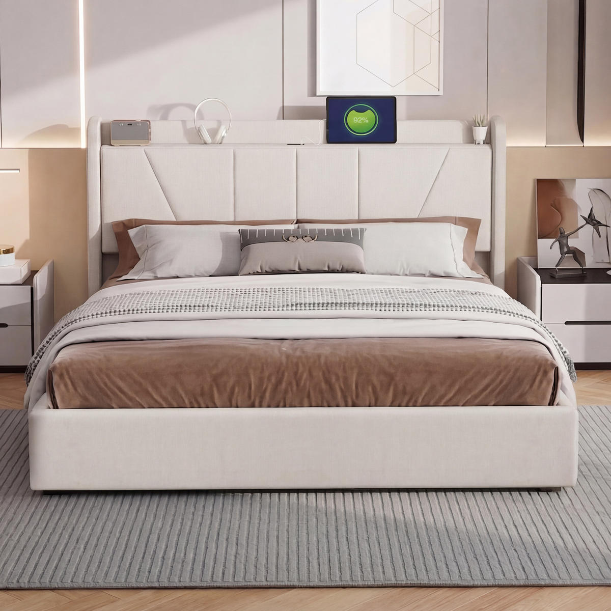 KLÄDD säng 160/200 cm beige med sänglåda och USB-portar - Beige, Trä (160/200cm) - SHOPENTRA
