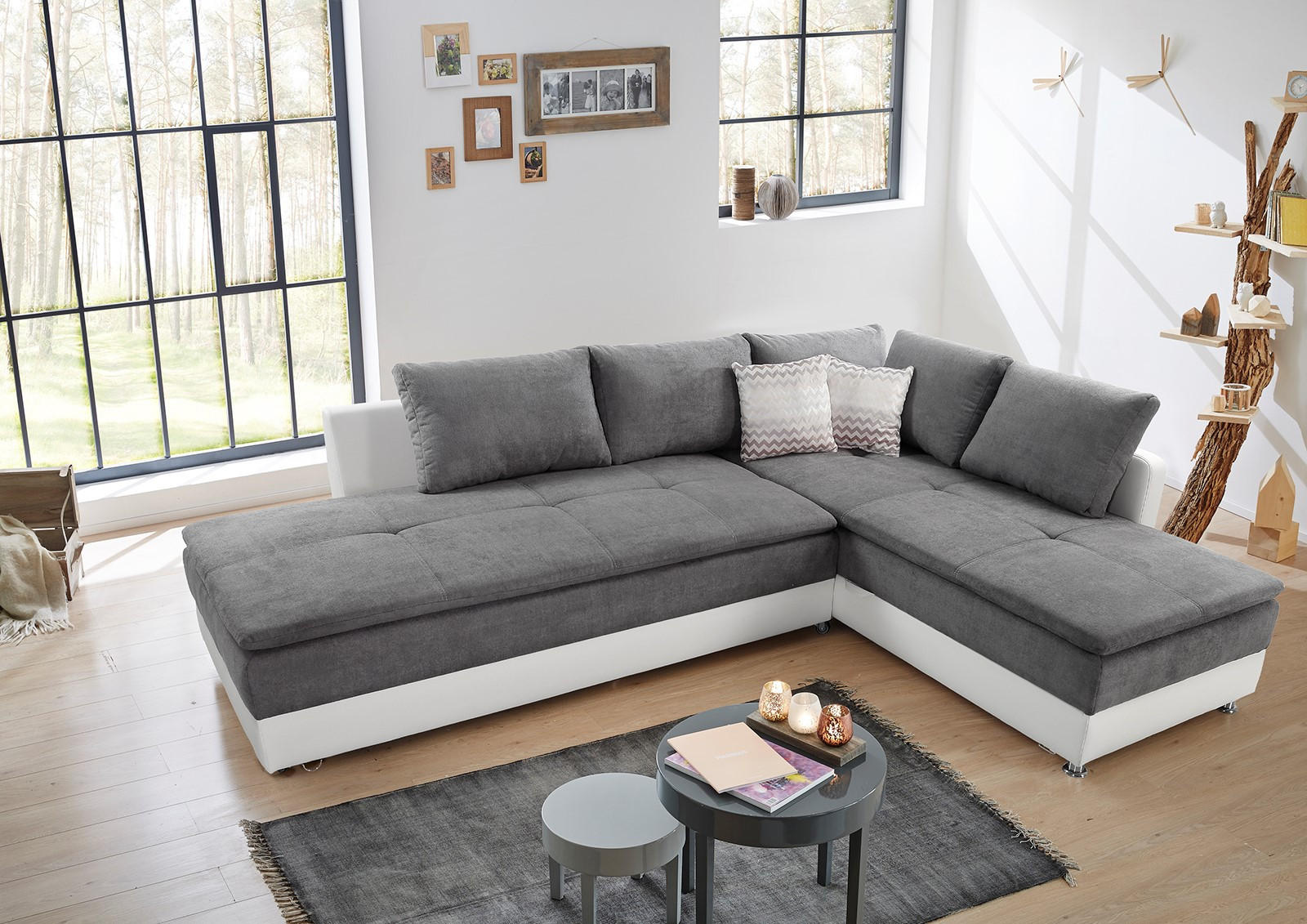 ECKSOFA-DAUERSCHLÄFER Doppelbett Boxspring Federkern Topper, Schwenkteil links B306/T223/H95 cm, Kunstleder Weiß+ Mikrofaser Hellgrau / 15103 - Chromfarben/Hellgrau, Textil/Metall (306/223cm) - luma-home