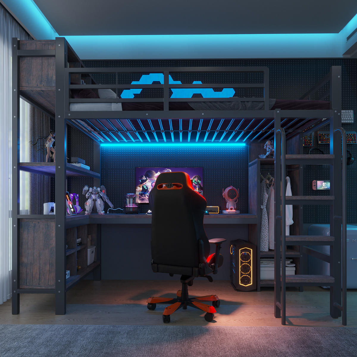 HOCHBETT 90x200cm Gaming Schreibtisch Schrank LED Schwarz - Schwarz, Metall (90/200cm) - FLIEKS