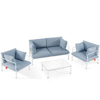 GARTENMÖBELSET RAMBE 4-tlg. 1x Tisch 2x Sessel 1x Sofa 2-Sitzer, mit Kissen, LOFT-STIL, Weiß - Blau/Weiß, Glas/Textil - KONSIMO®